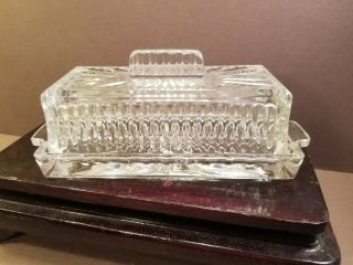 Pressed Cut Glass Covered Butter Dish Vintage Geometric Art Deco Square