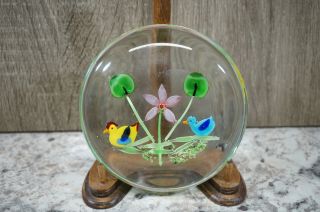 Vtg Murano Glass Two Ducks Pond Flower Glass Paper Weight 4 3/4 " Diameter