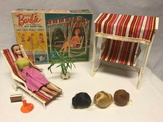 Mattel 1964 Miss Barbie With Bendable Legs Lawn Swing Lounge Wigs Box
