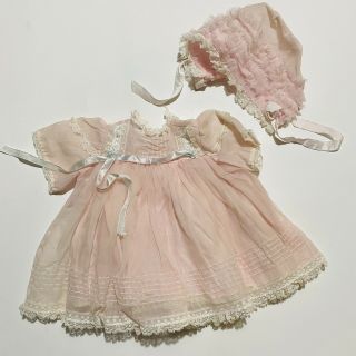 Vintage Pink Baby Doll Dress Sheer Organza With White Lace Trim Ruffles Bonnet