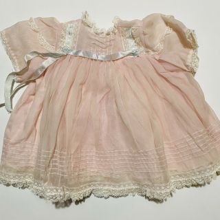 Vintage Pink Baby Doll Dress Sheer Organza With White Lace Trim Ruffles Bonnet 2