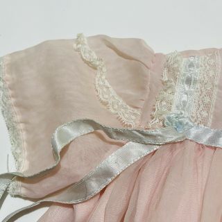 Vintage Pink Baby Doll Dress Sheer Organza With White Lace Trim Ruffles Bonnet 3