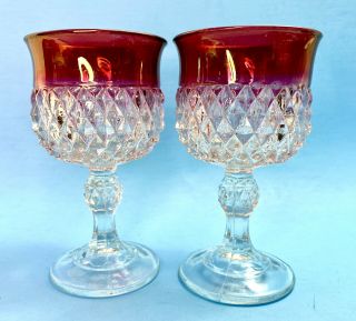 2 Vintage Pair Indiana Glass Ruby Red Flash Diamond Point Wine Glasses Cranberry