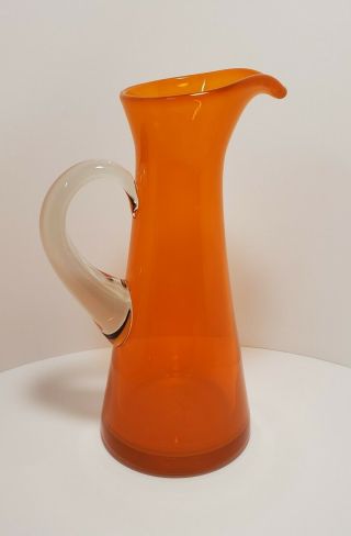 Mid Century Hand Blown Glass Tangerine Orange Pitcher