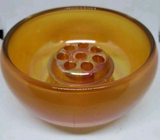 Vintage Flower Frog Carnival Glass Art 2 Piece Bowl 5.  5 " Peach Gold Iridescent
