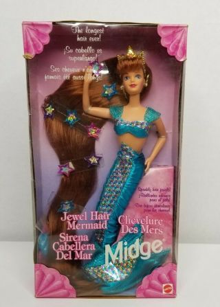 Rare 1995 Jewel Hair Mermaid Midge Doll Longest Hair Ever Red Hair 14589 Nrfb
