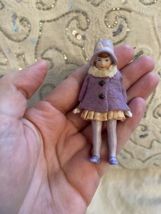 Rare Antique 1920’s Darling 3.  5” Purple Bisque Flapper Girl Dollhouse Doll