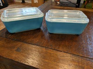 Vintage Pyrex Refrigerator Dish 502 Blue With Lid - Two