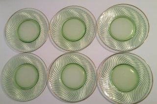 6 Vintage Green Swirl Pattern 6 " Uranium Glass Dessert Plates W/gold Trim