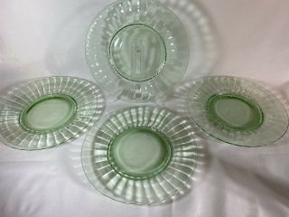 Set Of 4 Vintage Green Vaseline Uranium Glass Footed Petal Design 8” Plates
