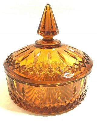 Vintage Amber Indiana Glass Covered Candy Dish In Princess Pattern