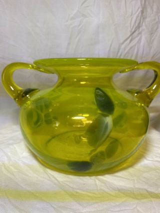 Vintage Mid Century Neon Yellow/green Hand Blown Glass Dbl Handle Bulbous Vase
