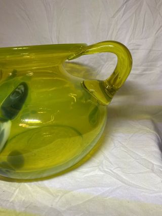 Vintage Mid Century neon Yellow/green Hand blown glass DBL handle Bulbous Vase 2