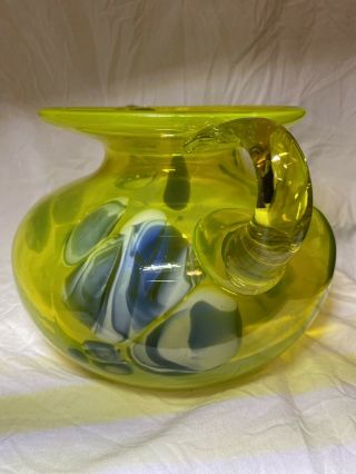 Vintage Mid Century neon Yellow/green Hand blown glass DBL handle Bulbous Vase 3