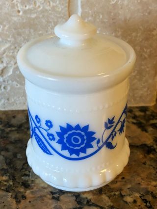 Vintage Milk Glass Container With Lid Delft - Blue Flowers - 3 1/2 "