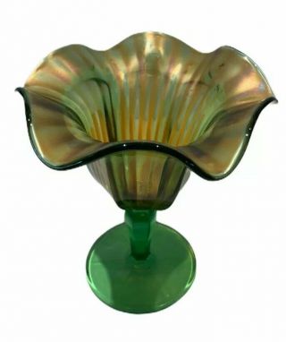Vintage Northwood Green Carnival Glass Smooth Rays Candy Compote Dish Vase