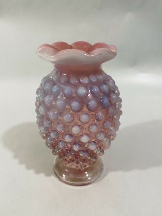 Vintage Fenton Hobnail Opalescent Cranberry Pink Small Vase Ruffled Top 4 "