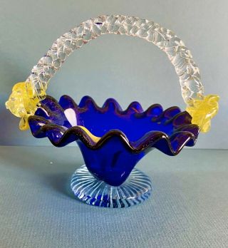 Vintage Hand - Blown Murano Cobalt Glass Basket With Clear Handle/yellow Flowers