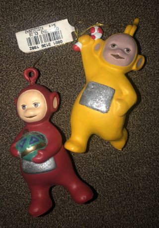 2 Vintage Teletubbies Ornaments Yellow And Red Blow Molds