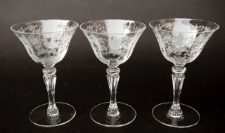 Set Of Three (3) Vintage Tiffin Cerice Optic Rose Etched Crystal 6 " T Sherbert