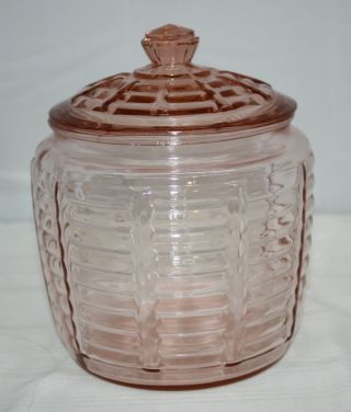 Vintage Anchor Hocking Pink Cookie Jar With Lid Paneled Rib Beehive Euc