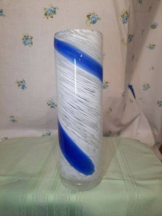 Art Glass Studio Murano Style Hand Blown Vase Blue & White Swirl Cylinder Vase