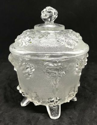 Vintage Jeannette Glass Clear Grape & Vine Footed Candy Dish With Lid
