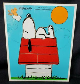 Playskool 1965 Peanuts Snoopy & Woodstock Dog House Wood Frame Tray Puzzle Euc