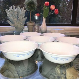 Set Of 7 Corelle By Corning Morning Blue Flowers 6 1/4 " Soup Cereal Bowl