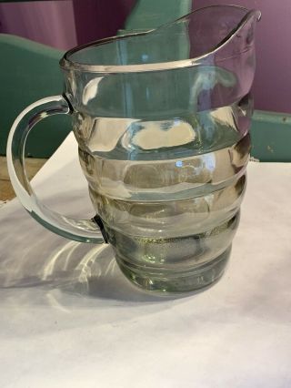 Mcm Vintage Glass Pitcher With Ribbed Design And Greenish Tint 8” Tall