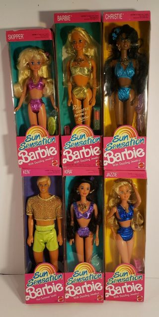 6 Vintage Sun Sensation Dolls Barbie Skipper Ken Kira Christie Jazzie W/jewelry