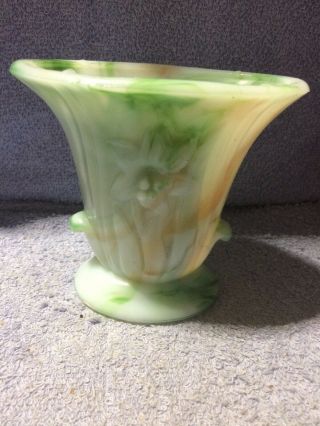 Vintage Akro Agate Slag Glass Lily Vase Planter Green Swirl Made In Usa