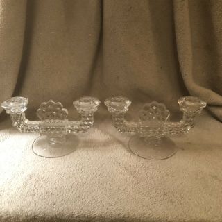 2 Vintage American Fostoria Elegant Glass Double Candle Holders -