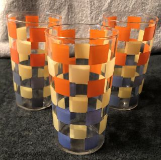 3 Vintage Drinking Glasses Checkered Orange Blue Cream 4.  5 " Tall Juice Water