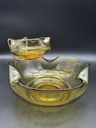 Vintage Anchor Hocking Pinched Glass Chip And Dip Bowl Set Gold / Amber Color