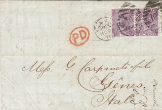 Gb Entire,  Qv Pair 6d Mauve,  Plate 9,  Posted From London To Italy 1870