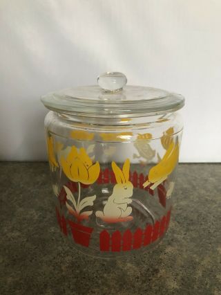 Vintage Bartlett Collins Gay Fad Clear Glass Cookie Canister Jar Rabbits Lambs