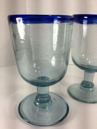 Set Of 2 Mexican Hand Blown Cobalt Blue Rim & Clear Base Drinking Glasses - 12oz