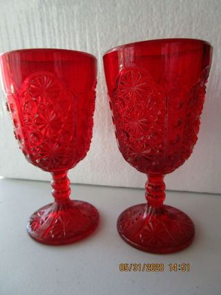 2 L.  G.  Wright Ruby Red Wine Glasses,  Daisy & Button Pattern Set Of 2