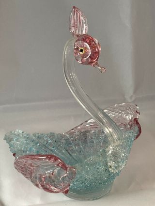 Vintage Fratelli Toso Pink Blue Blown Glass Murano Overshot Glass Swan Dish Bowl