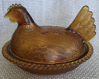 Vintage Indiana Glass Amber Chicken Hen On Nest 7 " Candy Dish Gold Orange Bronze