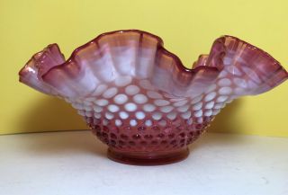 Vintage Large Fenton “hobnail” Cranberry/ White Opalescent Ruffled Candy Dish Vg