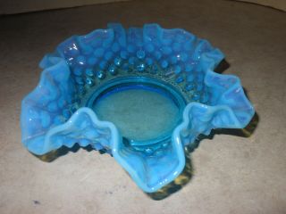 Vintage Opalescent Blue Fenton Decorative Hobnail & Ruffled Edged Candy Dish