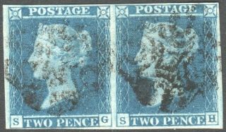 Great Britain,  Gb,  Qv 1841 Two Pence Blue Pl 3,  Imperf Pair S - G,  S - H Very Fine
