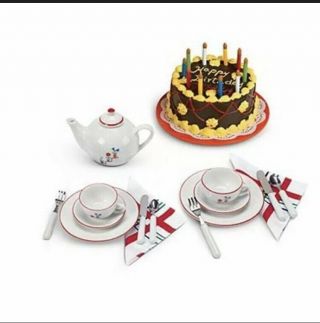 American Girl Molly Birthday Party Set Treats Cake Tea Pot China Cups NIB NRFB 3