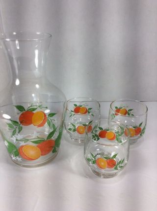 Vintage Glass Orange Juice Carafe Pitcher & 3 Glasses Oranges And Green Leaves