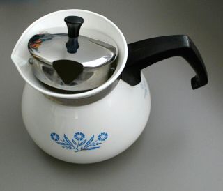 Vintage CORNING Ware 6 Cup Tea Pot White with Blue Cornflower Teapot 2