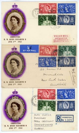 Gb 1953 Coronation Set On A Selection Of 3 X Illustrated Fdc 