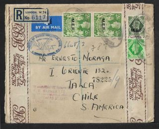 Uk Mef To Chile Registered Air Mail Cover 1951 Bpa Philatelic Censor
