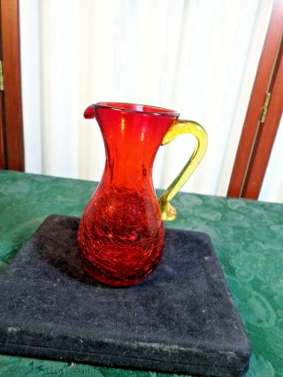 Vintage Amberina Art Glass Small Crackle Designed Handled Pitcher